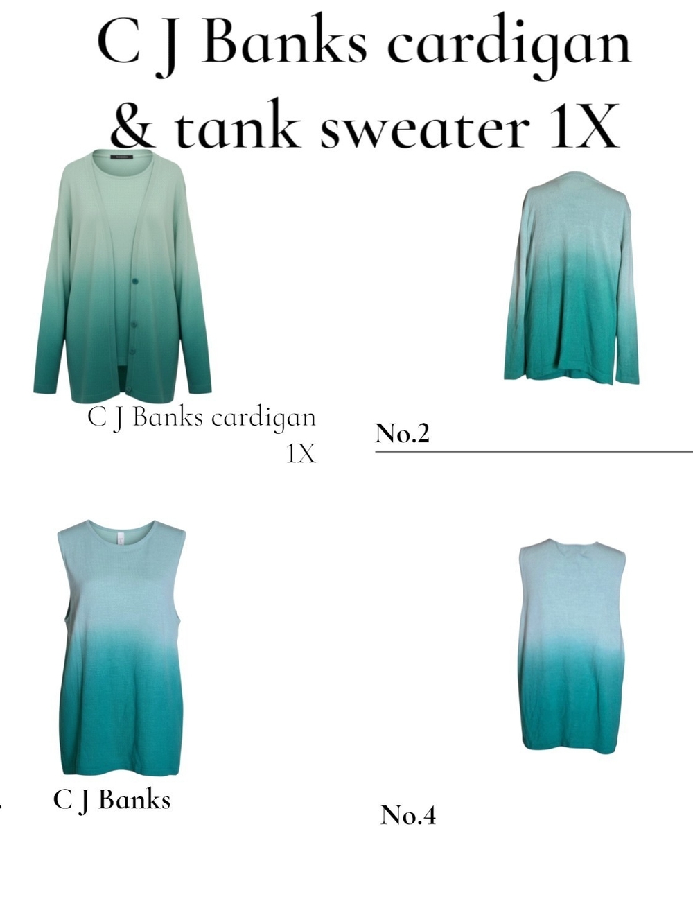 CJ Banks Womens 1X Knit Classy Chic Mint-to-Teal Ombre Cardigan & Tank Set